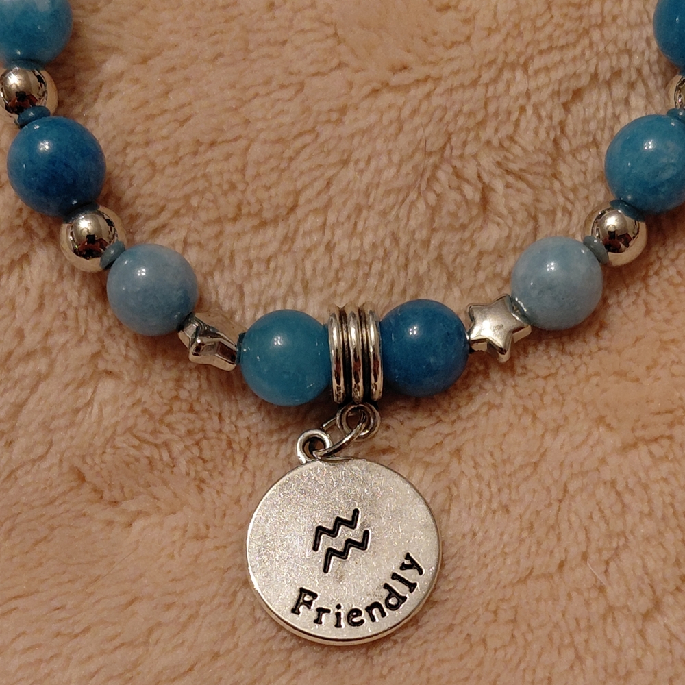 Zodiac Aquarius Beaded Bracelet With Genuine Crystal Beads + Aquarius Charm - Picture 2 of 3